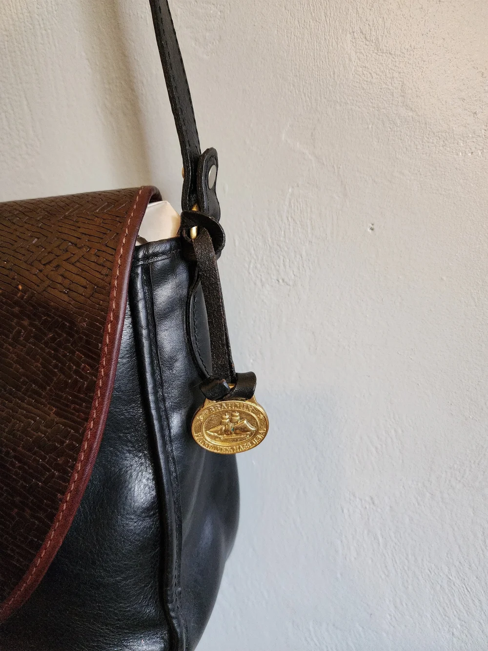 Vintage Brahmin Black Leather Crossbody with Brown Woven Flap